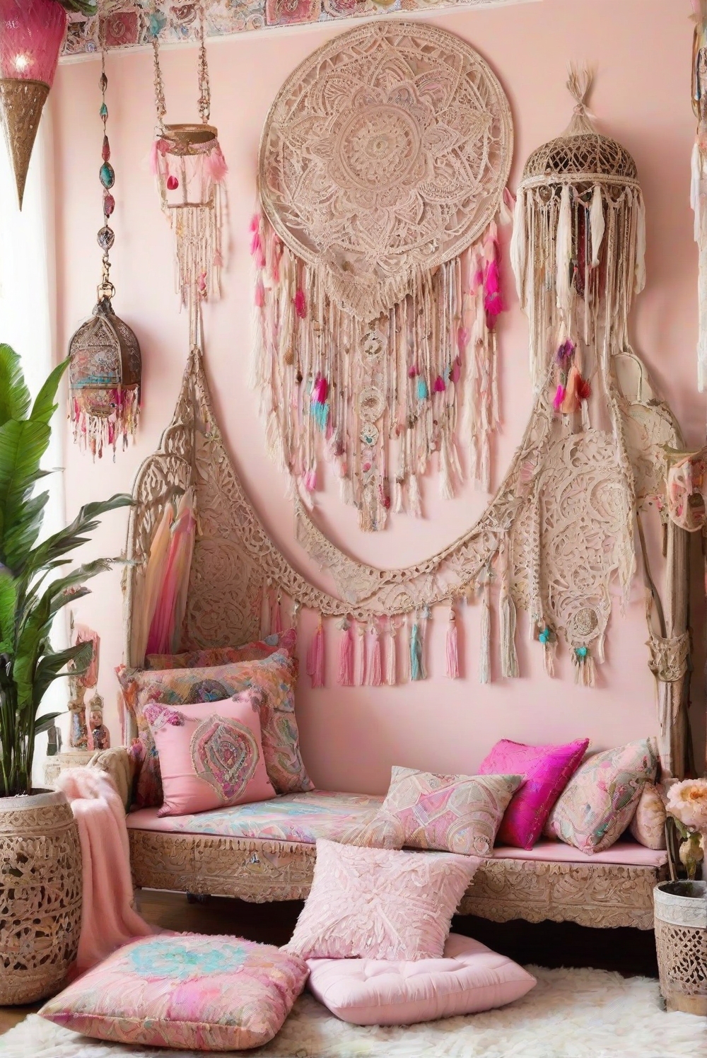feminine decor, chic home accessories, bohemian style, glamorous interior design, pink velvet furniture, floral wallpaper, luxury bedroom decor
