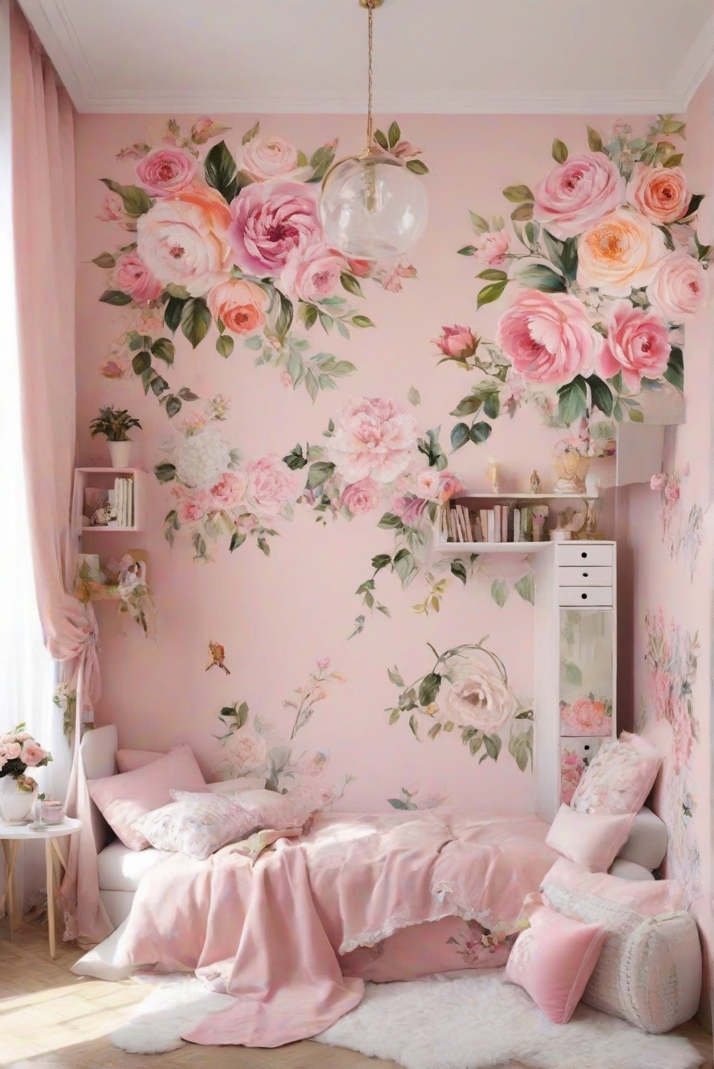 floral wallpaper, girly bedroom decor, feminine home design, chic apartment decor, stylish interior design, trendy floral patterns, modern apartment decoration