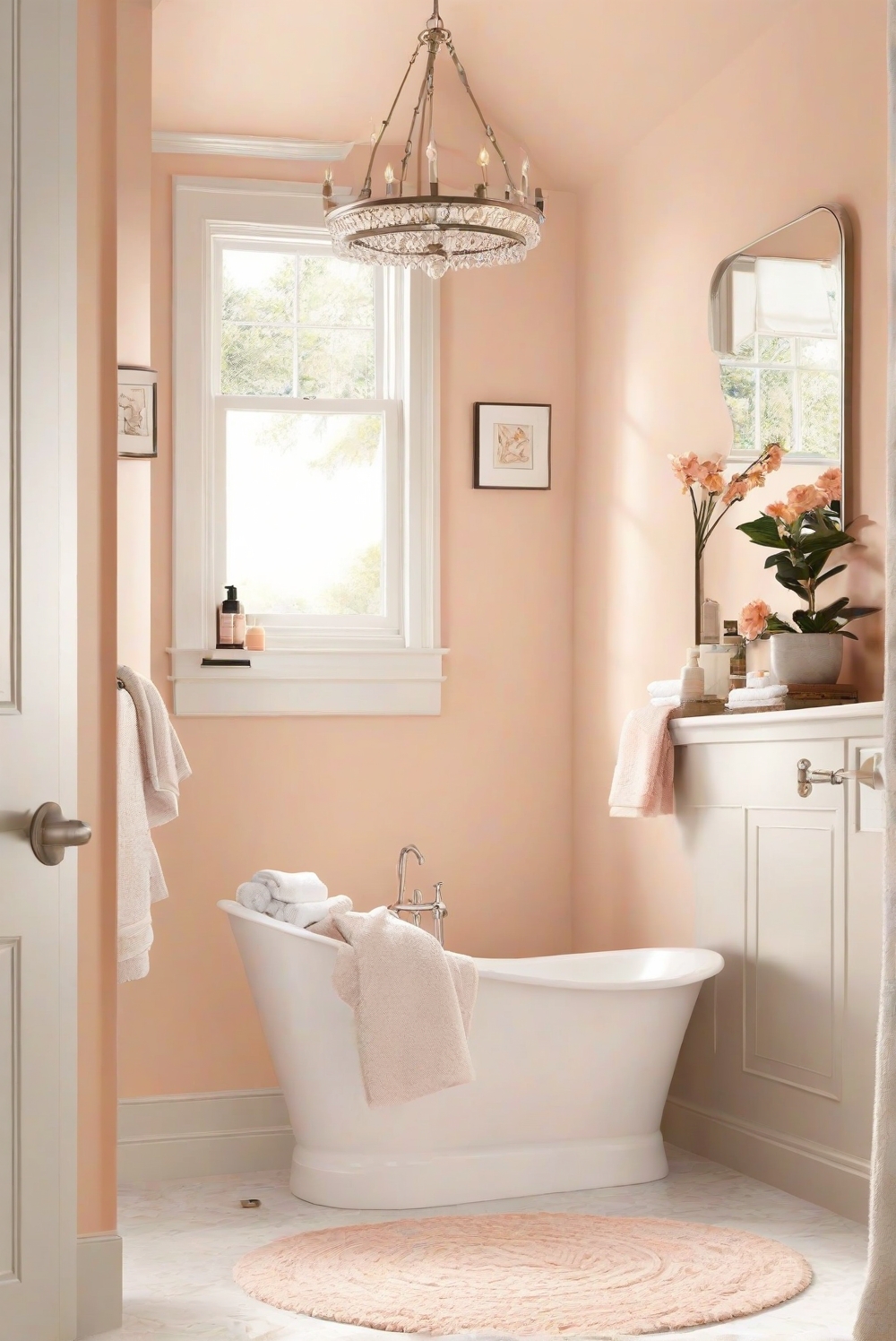 Peach Fuzz Paradise, Soft Peachy Serenity, Bathroom Decor, Peachy Home Design, SW 6638, Interior Design, Home Decor Interior Design