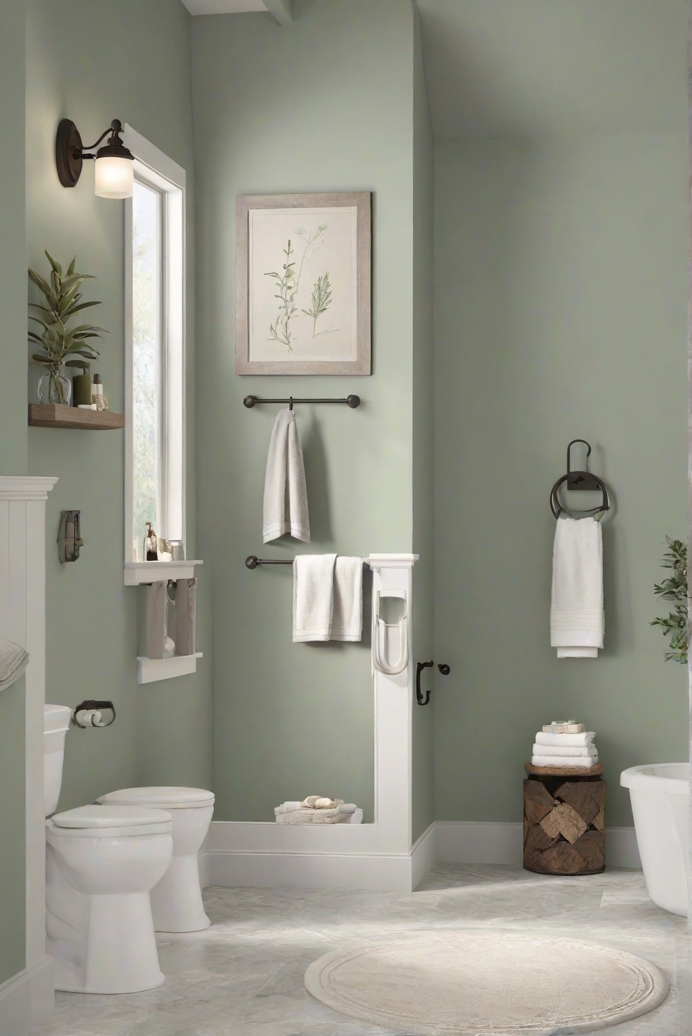 - bathroom renovation - bathroom design inspiration - interior design ideas - natural harmony decor - green bathroom decor - sagebrush green paint - BM 2141-30 color harmony