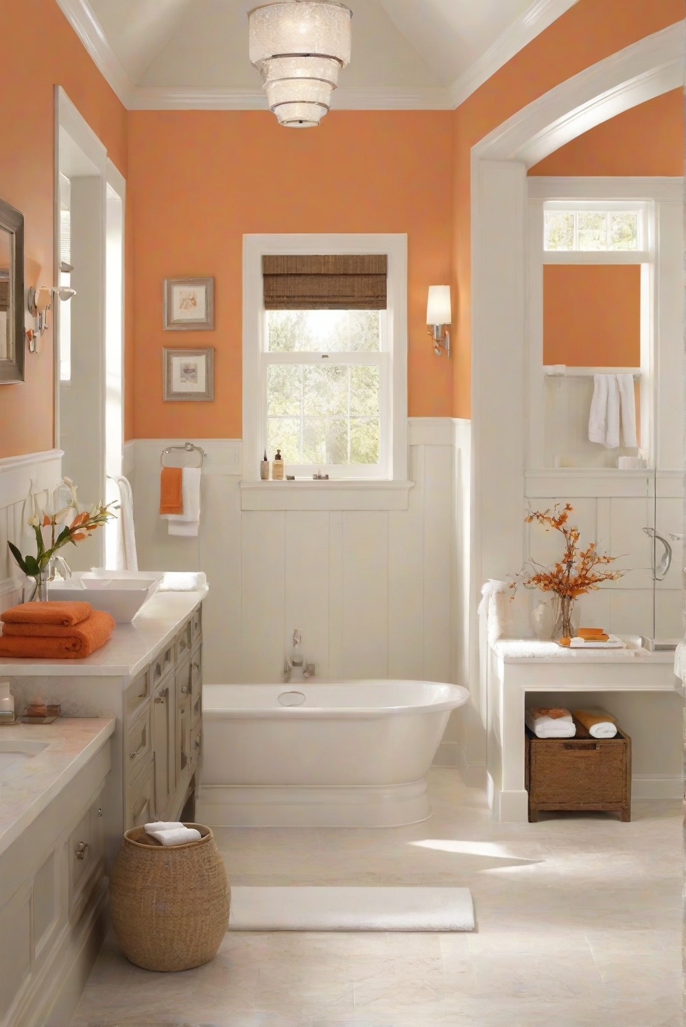 Tangerine bathroom decor, Bathroom design, Serene bathroom space, Home decor ideas, Interior design inspiration, Bathroom renovations, Colorful bathroom accents