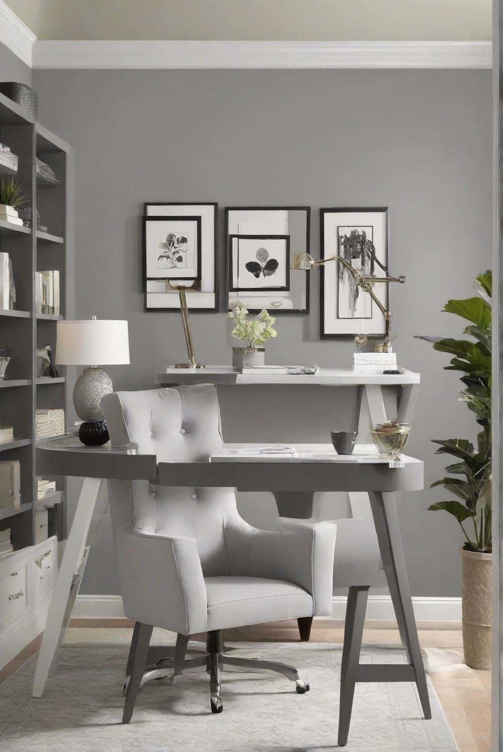 Agreeable Gray paint, home office design, office color schemes, modern workspace design, neutral home decor, professional workspace design, designer home office.