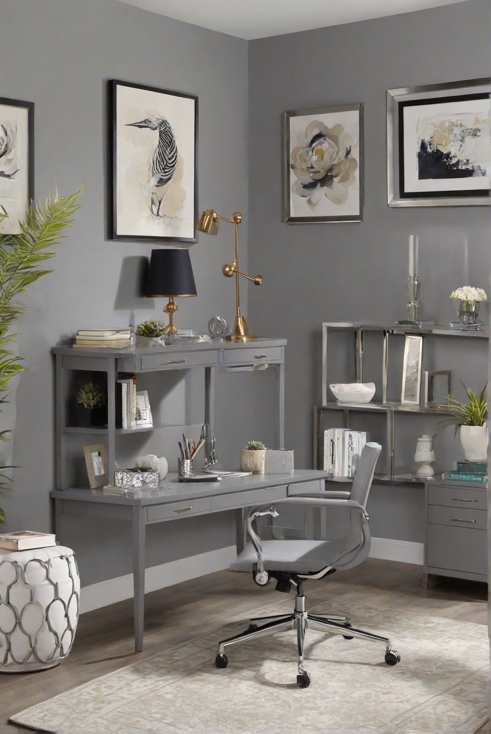Zen workspace, mindful gray, neutral color palette, interior design inspiration, calming office decor, peaceful home office, soothing color scheme
