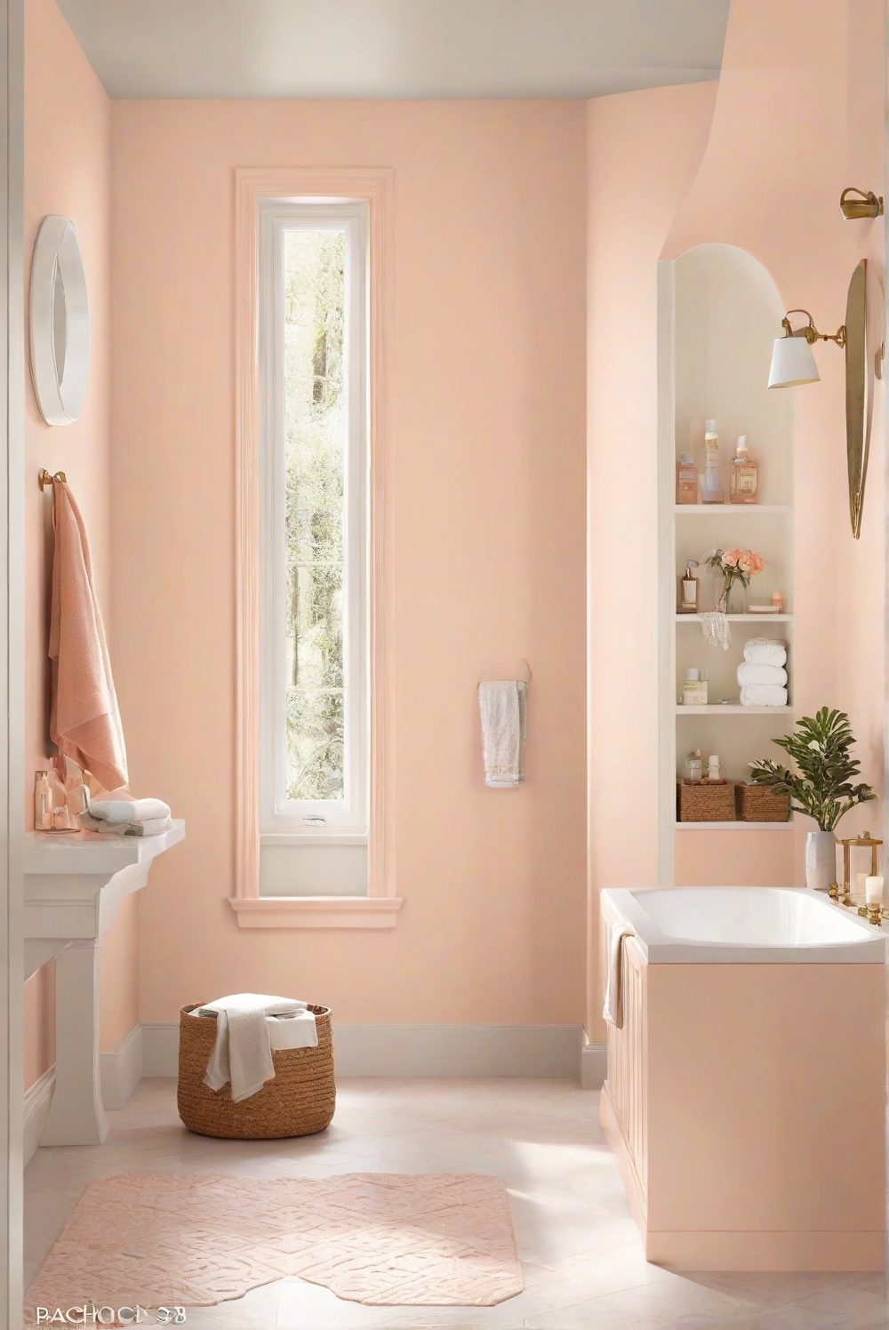 bathroom decor, bathroom design, peach bathroom decor, soft bathroom colors, serene bathroom design, pastel bathroom paint, tranquil bathroom makeover