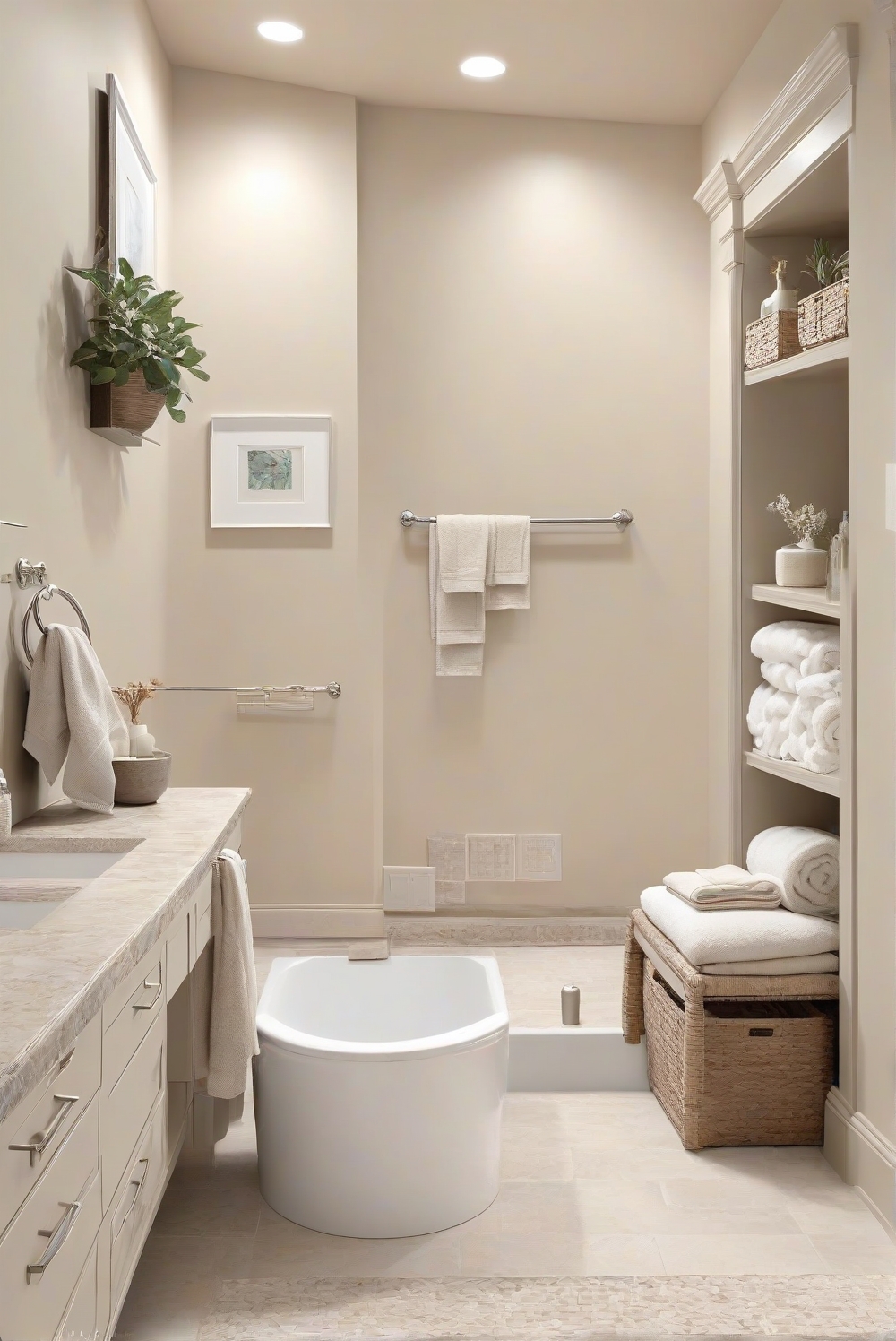 Accessible Beige, bathroom decor, elegant bathroom, beige paint color, bathroom design ideas, neutral bathroom, earthy tones