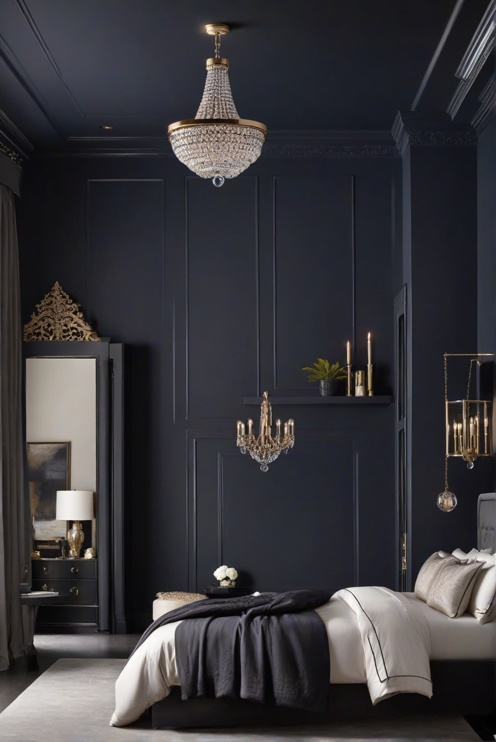 Caviar wall paint, moody bedroom decor, elegant bedroom design, interior design inspiration, luxurious bedroom decor, dark paint colors, bedroom decor ideas