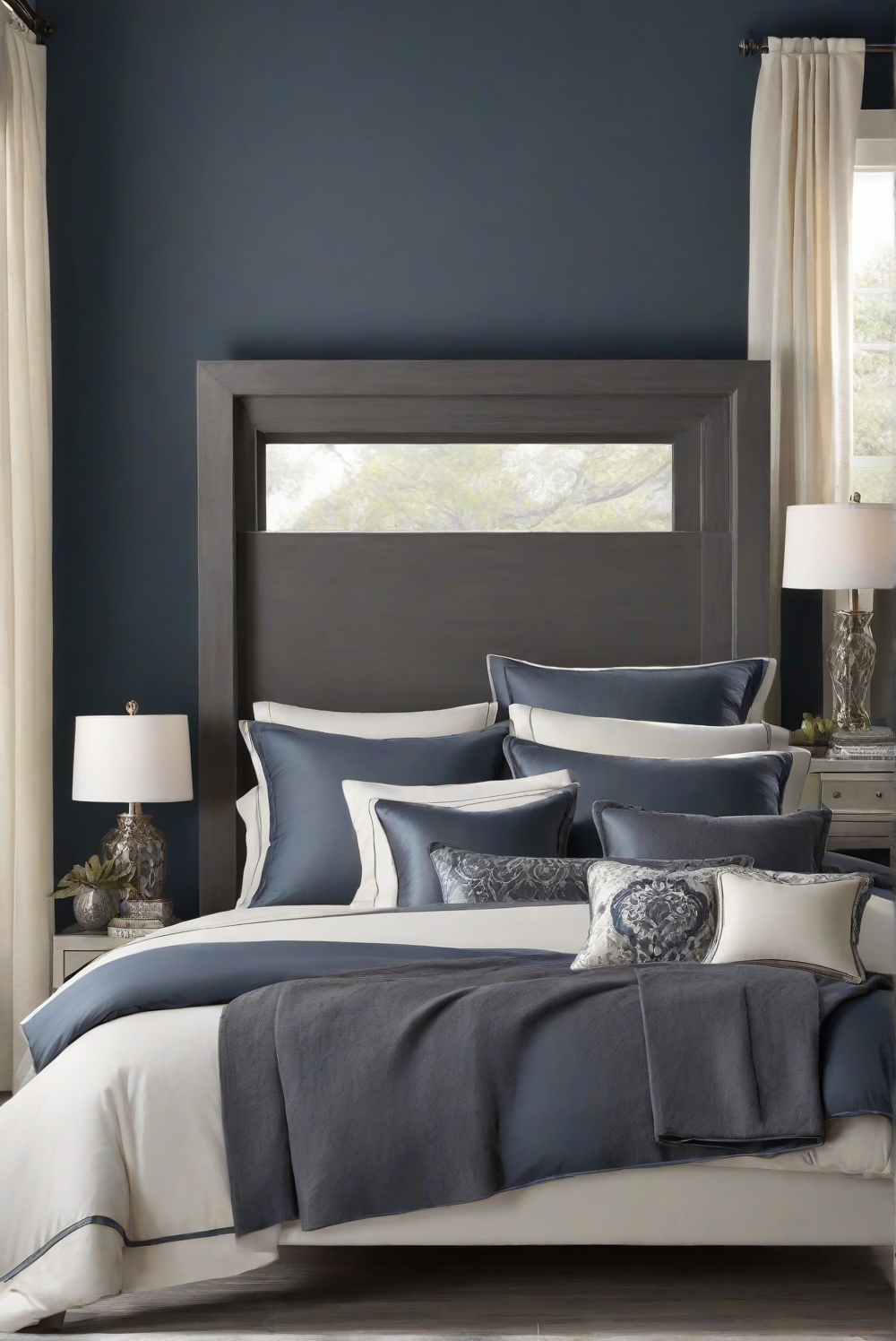 Charcoal blue interior decor, Grey interior design, Moody sophistication decor, Smokey tones home decor, Interior design inspiration, Sophisticated home decorating, Charcoal color scheme interior