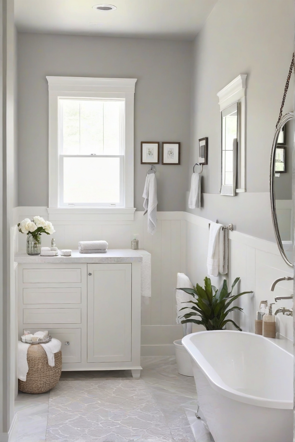 Tranquil bathroom decor, Bathroom paint color, Interior painting service, Bathroom design ideas, Gray bathroom walls, Professional bathroom painting, Tranquil bathroom makeover