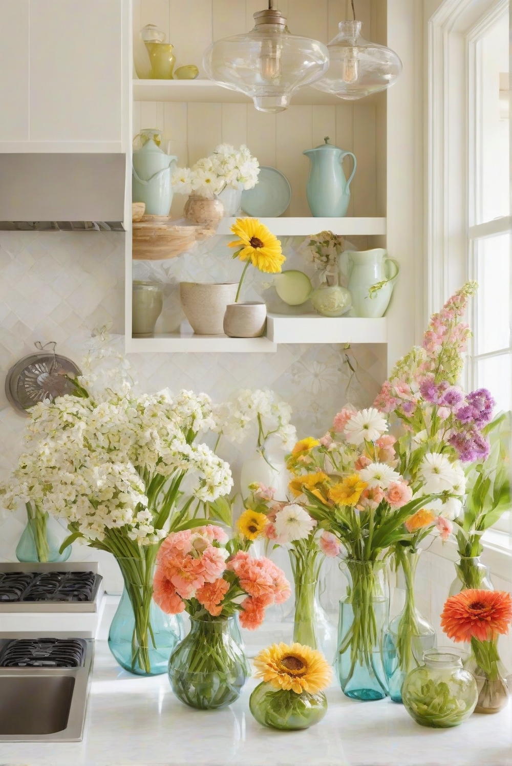 kitchen decor, kitchen interior design, kitchen decorating ideas, floral arrangements, floral decor, vase decor, interior design flowers