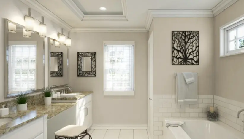 Sherwin Williams Agreeable Gray
A soft, warm gray with beige undertones, providing a versatile and tranquil backdrop for a moody bathroom ambiance.