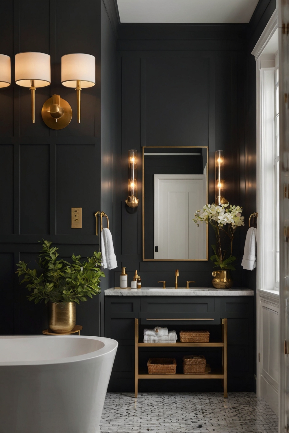Urbane Bronze, urban chic, sophisticated bathroom, bathroom design, interior design, home decor, paint color match