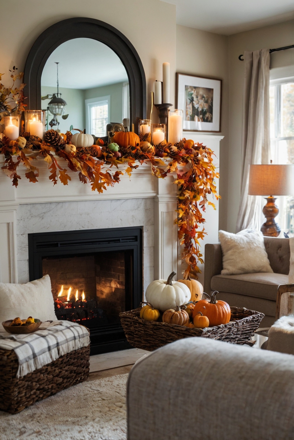 mantel decorating ideas, fall mantel decor, fireplace mantel decorations, autumn mantel display, seasonal mantel designs