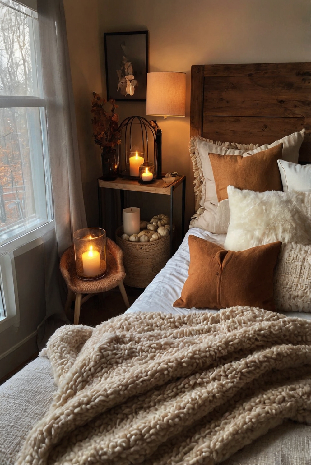 Stylish Fall Bedding, Warm Autumn Throw Pillows, Cozy Flannel Sheets, Rustic Wood Nightstand, Plush Velvet Curtains