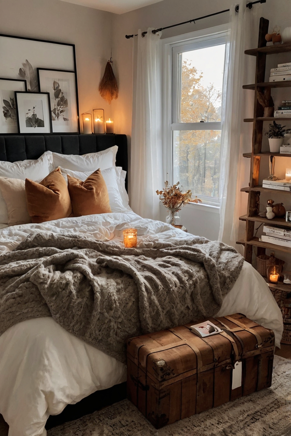 Cozy bedroom decor, Fall bedding, Warm lighting, Rustic furniture, Pillows and throws