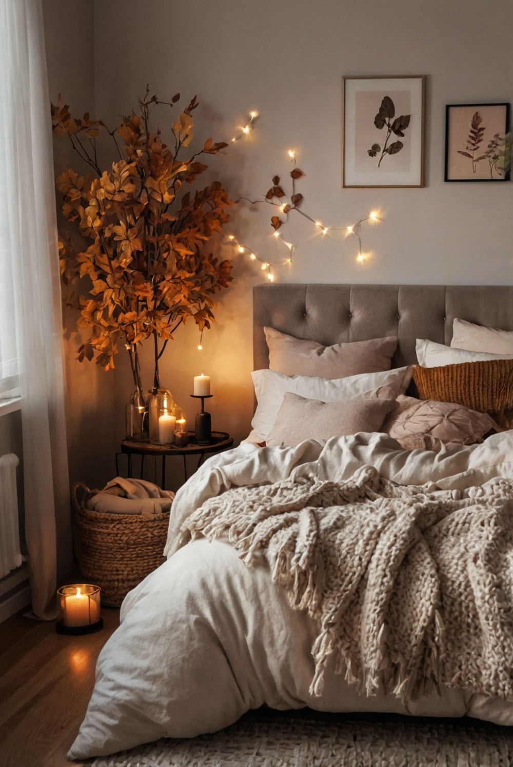 cozy bedding, fall decor, bedroom makeover, autumn bedroom, warm lighting