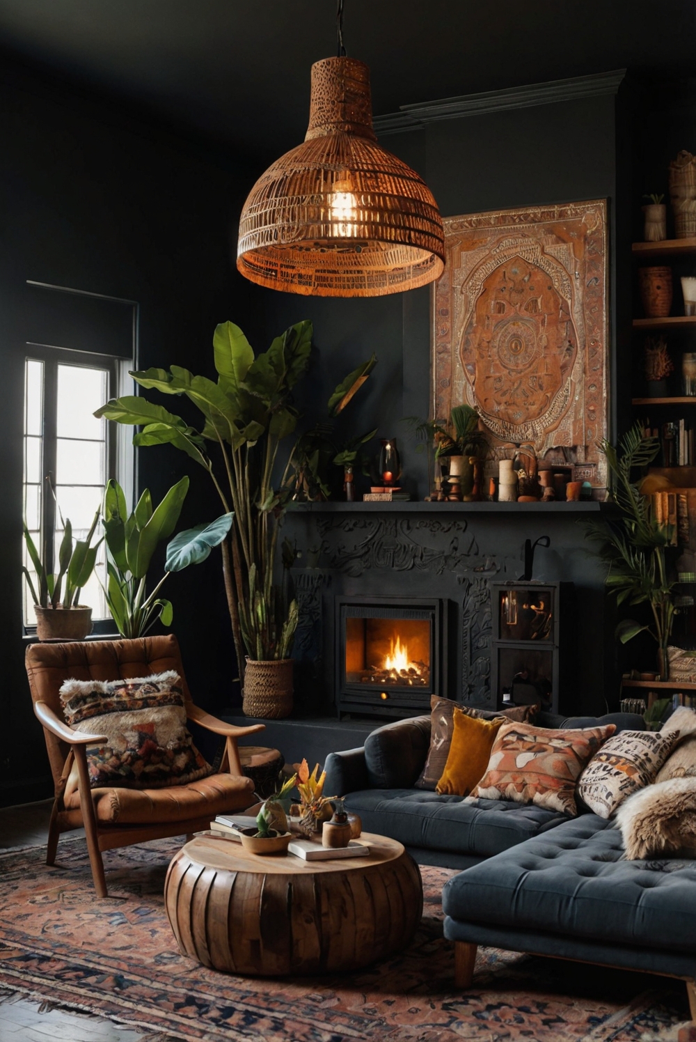 Boho living room decor, Boho chic design, Dark Bohemian aesthetic, Boho-inspired interiors, Modern boho style