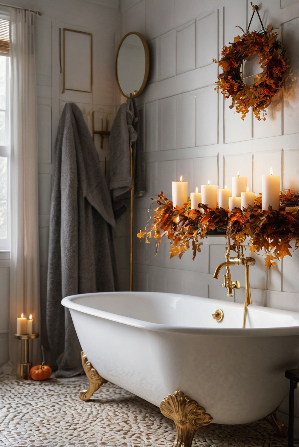 stunning bathroom decor ideas, fall bathroom refresh, seasonal bathroom decorations, autumn-themed bathroom, elegant bathroom designs