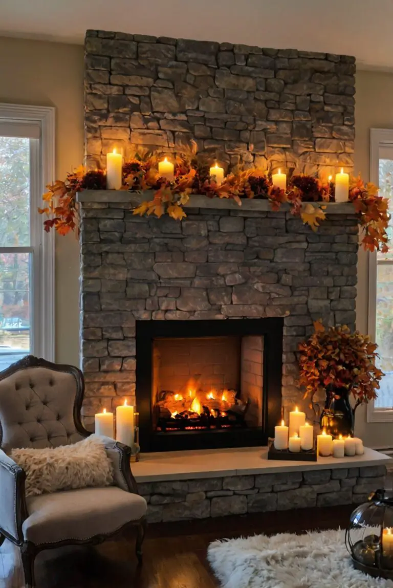 Stylish Fireplace Surrounds, Elegant Mantel Decor, Chic Hearth Design, Cozy Autumn Fireplaces, Luxurious Fall Mantle Display