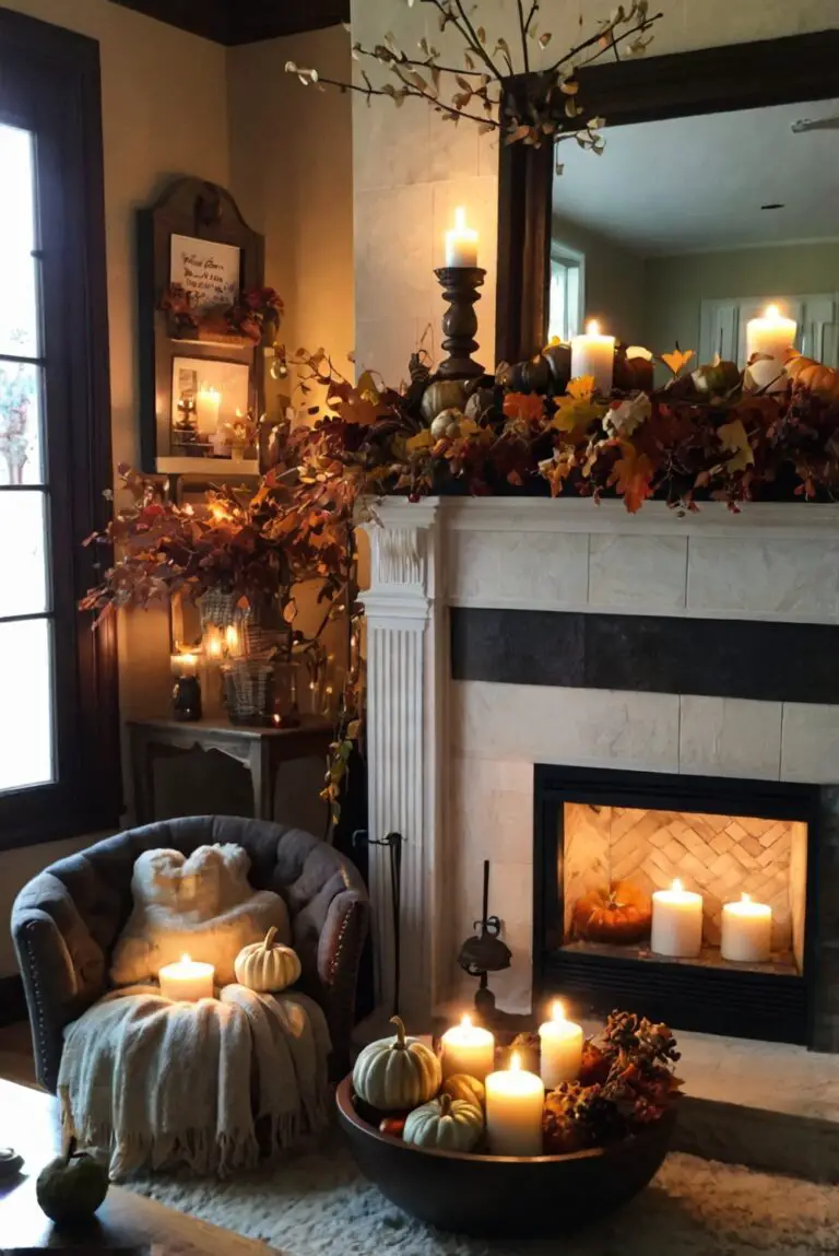 Fall mantel decor, Autumn fireplace decorations, Seasonal home accents, Cozy fall hearth designs, Elegant harvest mantle display