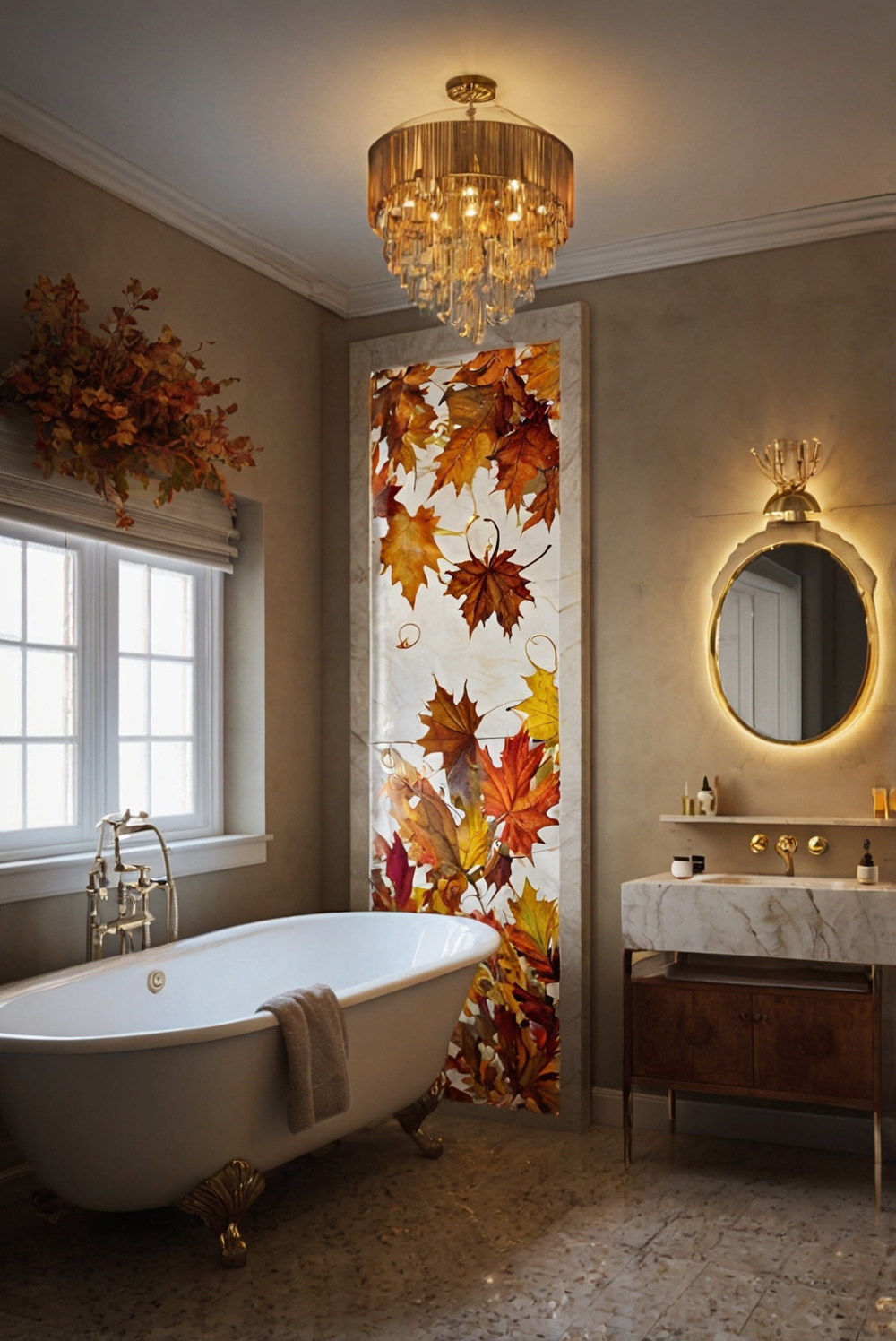 Fall bathroom decor, Bathroom renovation ideas, Autumn-themed bathroom, Luxurious bathroom decor, Home spa in fall