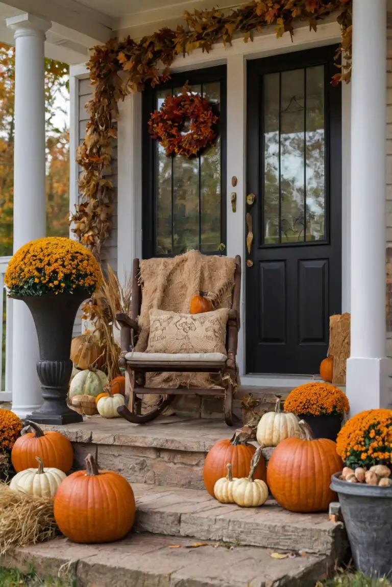 Fall porch decor, autumn outdoor decorating, outdoor fall decorations, seasonal porch decor, festive front porch