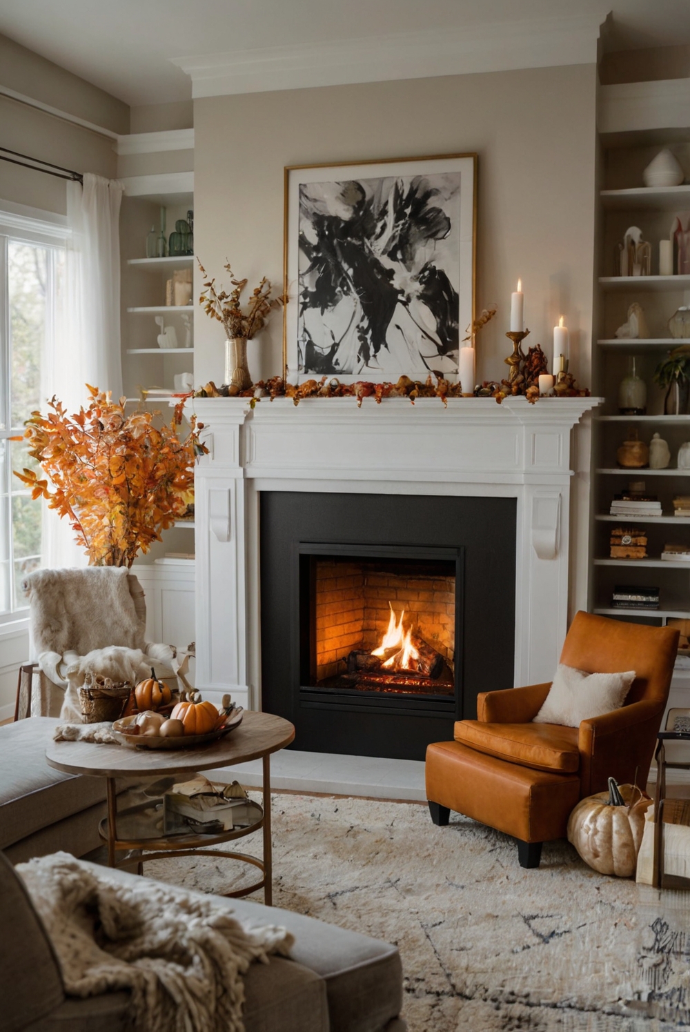 fireplace decor ideas, fall mantel decorations, cozy autumn fireplace, seasonal hearth decor, autumnal firepit design