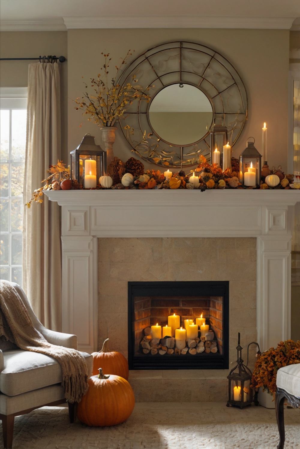 home decor, interior design, fireplace decoration, seasonal accents, cozy atmosphere