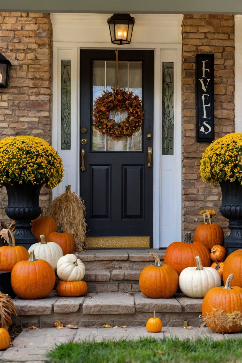 Fall wreaths, Front porch plants, Seasonal doormats, Autumn lanterns, Pumpkin decorations