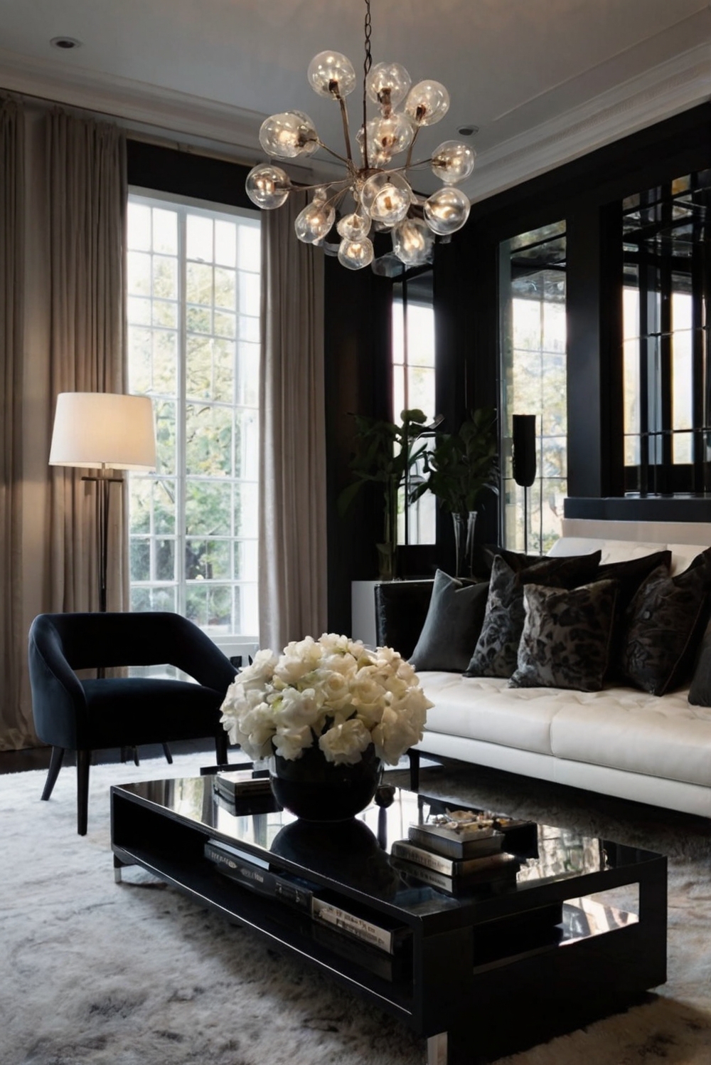 Stylish black couches, Contemporary black decor, Elegant black furniture, Luxurious black rugs, Sophisticated black accents