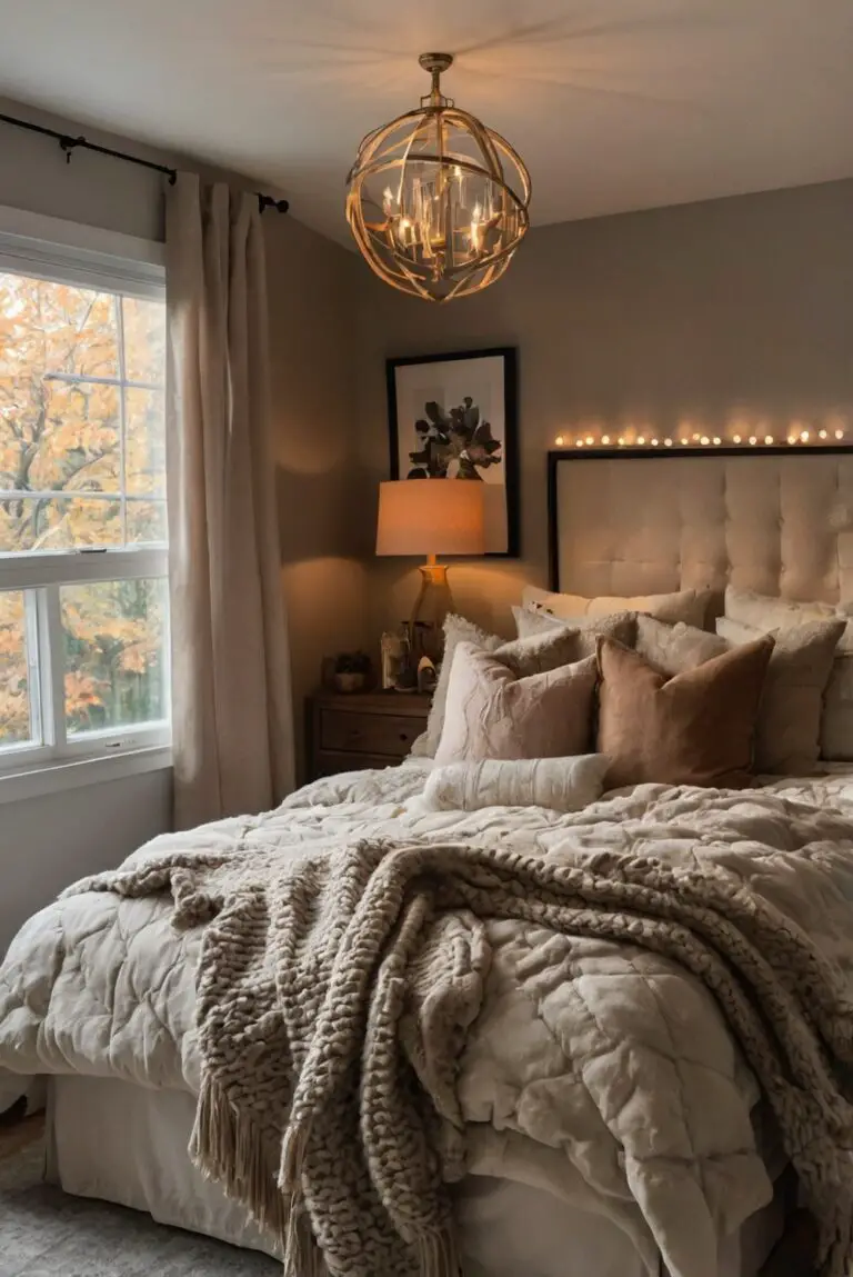 bedroom decor ideas, cozy bedroom design, fall bedroom inspiration, stylish bedroom accessories, warm bedroom color palette