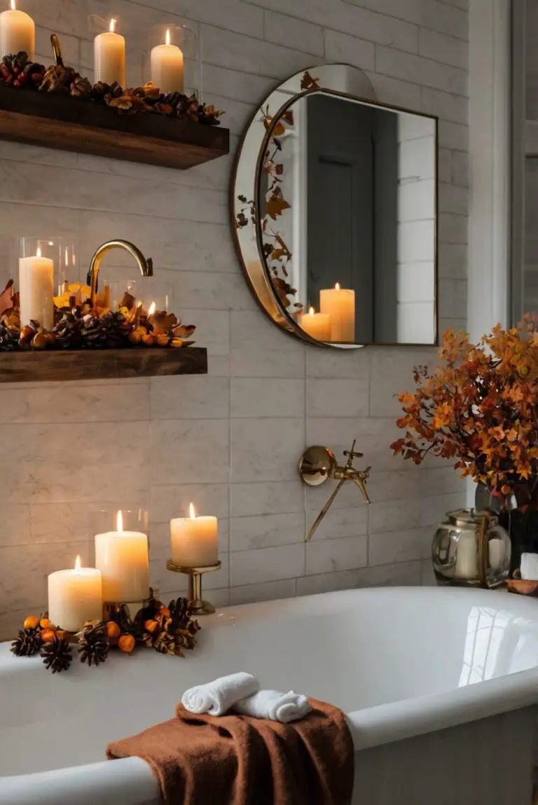 cozy bathroom decor, fall bathroom themes, autumn bathroom design, seasonal bath decor, warm bathroom ideas