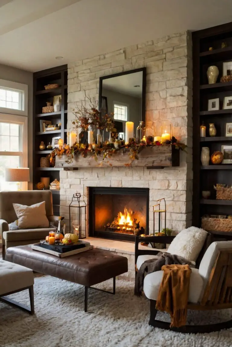 fireplace mantel decor, cozy autumn living room, fall fireplace mantel, rustic fireplace decorations, elegant autumn mantel