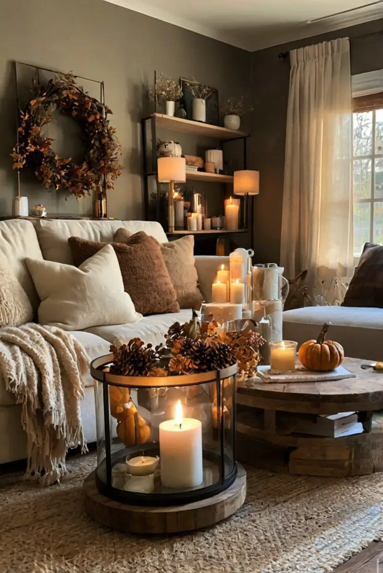 Fall home decor, Autumn living room decor, Seasonal interior design, Cozy fall decorating, Elegant fall decorations