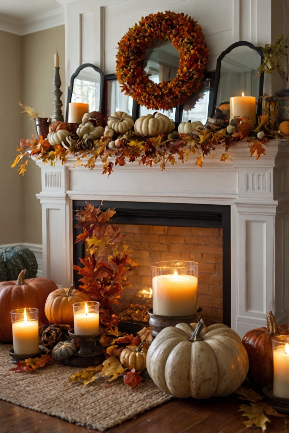 Autumn mantle decor, Cozy fireplace decor, Fall home decorations, Warm fireplace ideas, Rustic fall mantel