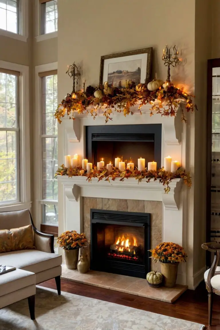 mantle decor ideas, cozy fall decorations, autumn home accents, fireplace styling, seasonal living room decorations