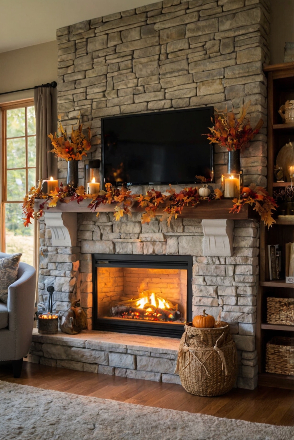 Fall mantel decor, cozy living room, home interior design, fireplace decor, autumn home styling