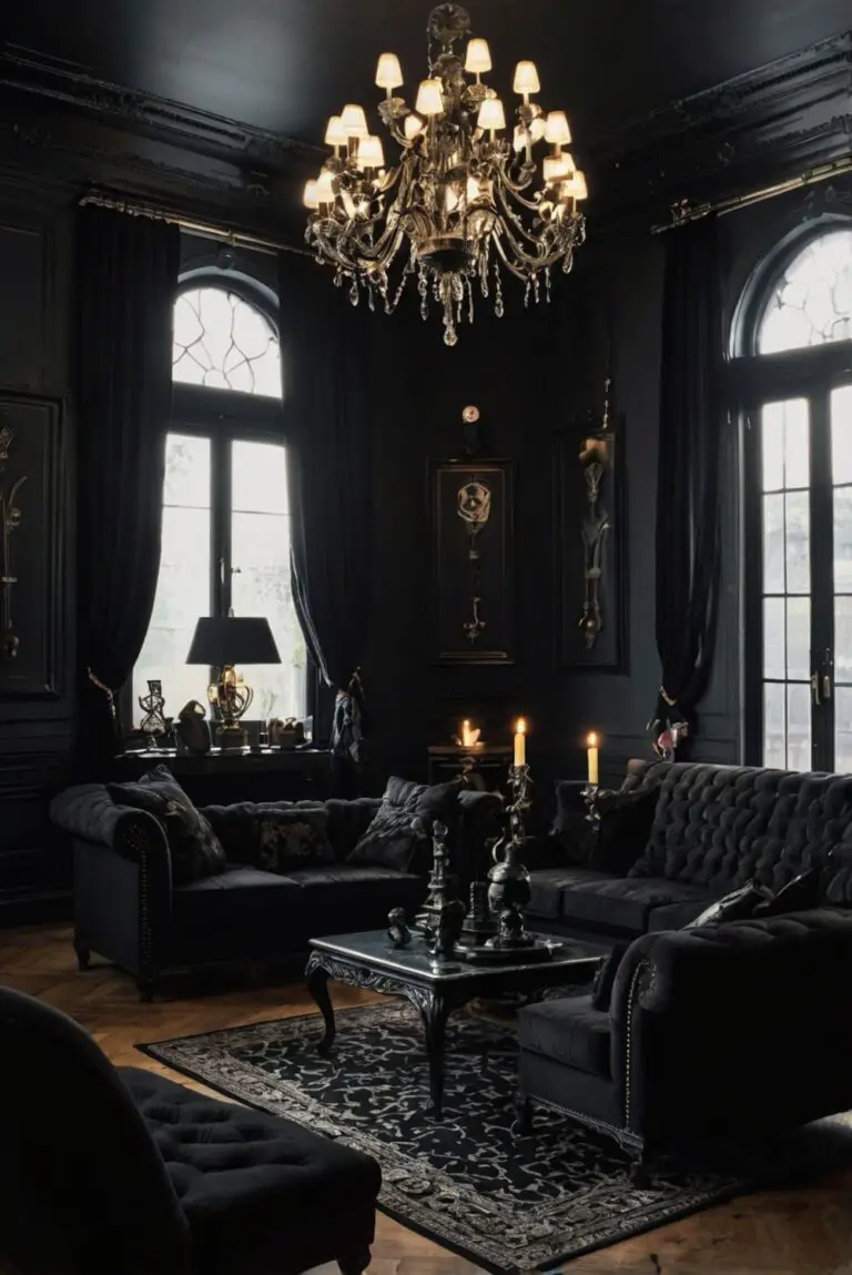 gothic home decor, dark moody living room, goth furniture, edgy interior design, black velvet furnishings