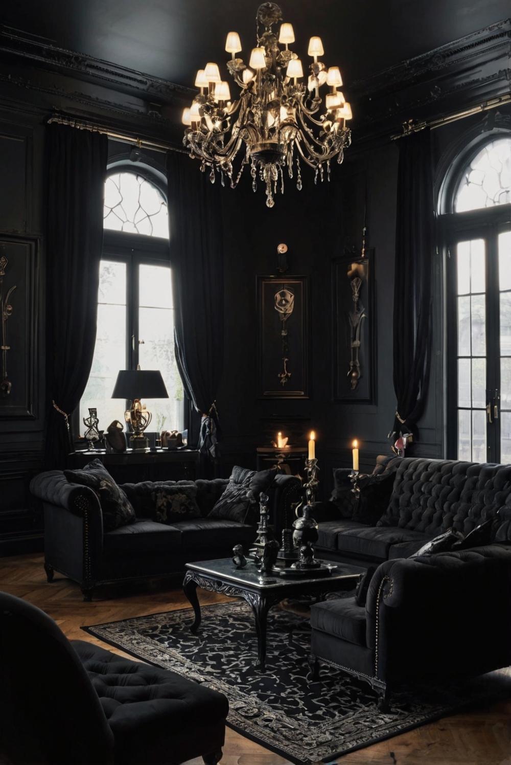 gothic home decor, dark moody living room, goth furniture, edgy interior design, black velvet furnishings