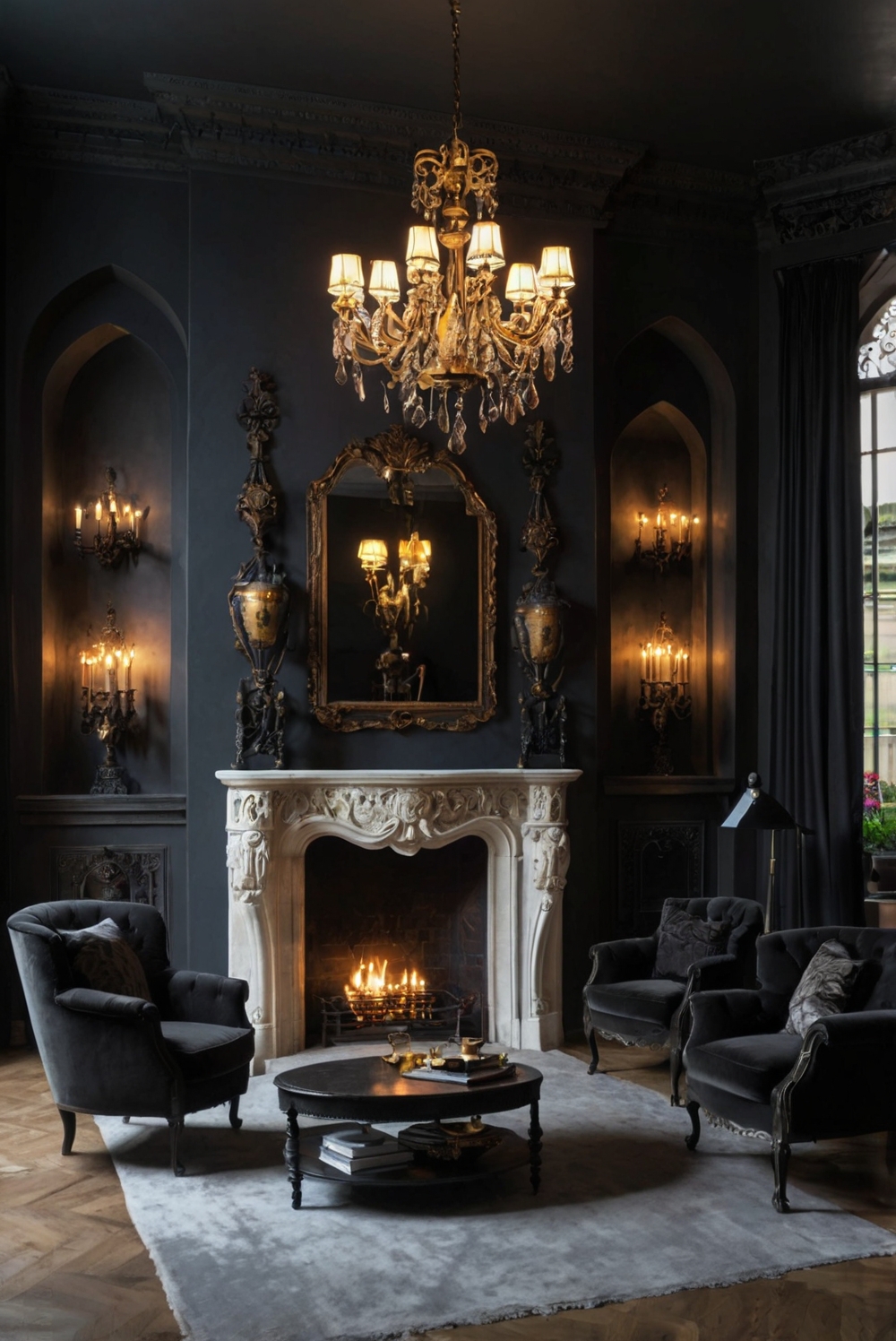 gothic home decor, gothic furniture, dark home design, gothic interior design, gothic living room