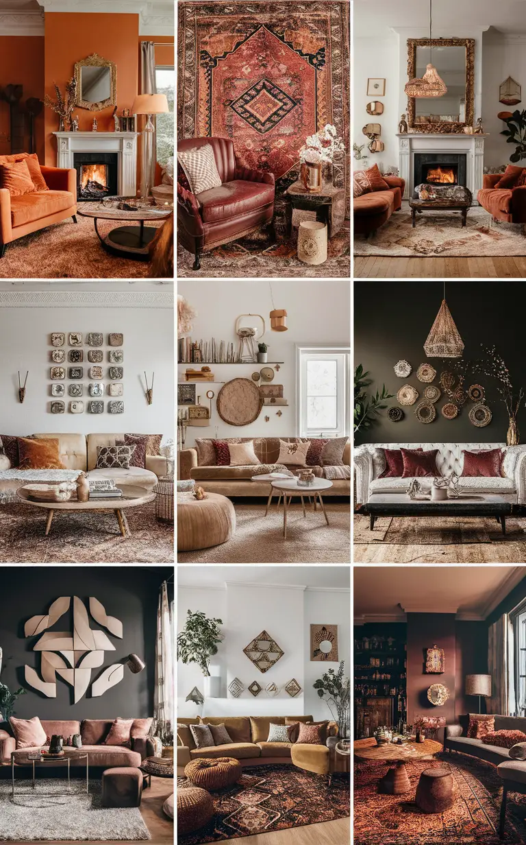 fall living room decor, boho interior design, chic home furnishings, autumn living space, trendy bohemian style