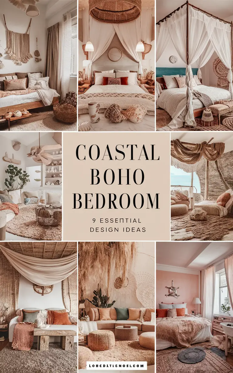 coastal boho bedroom decor, earthy textures, coastal interior design, bohemian bedroom style, coastal chic decor