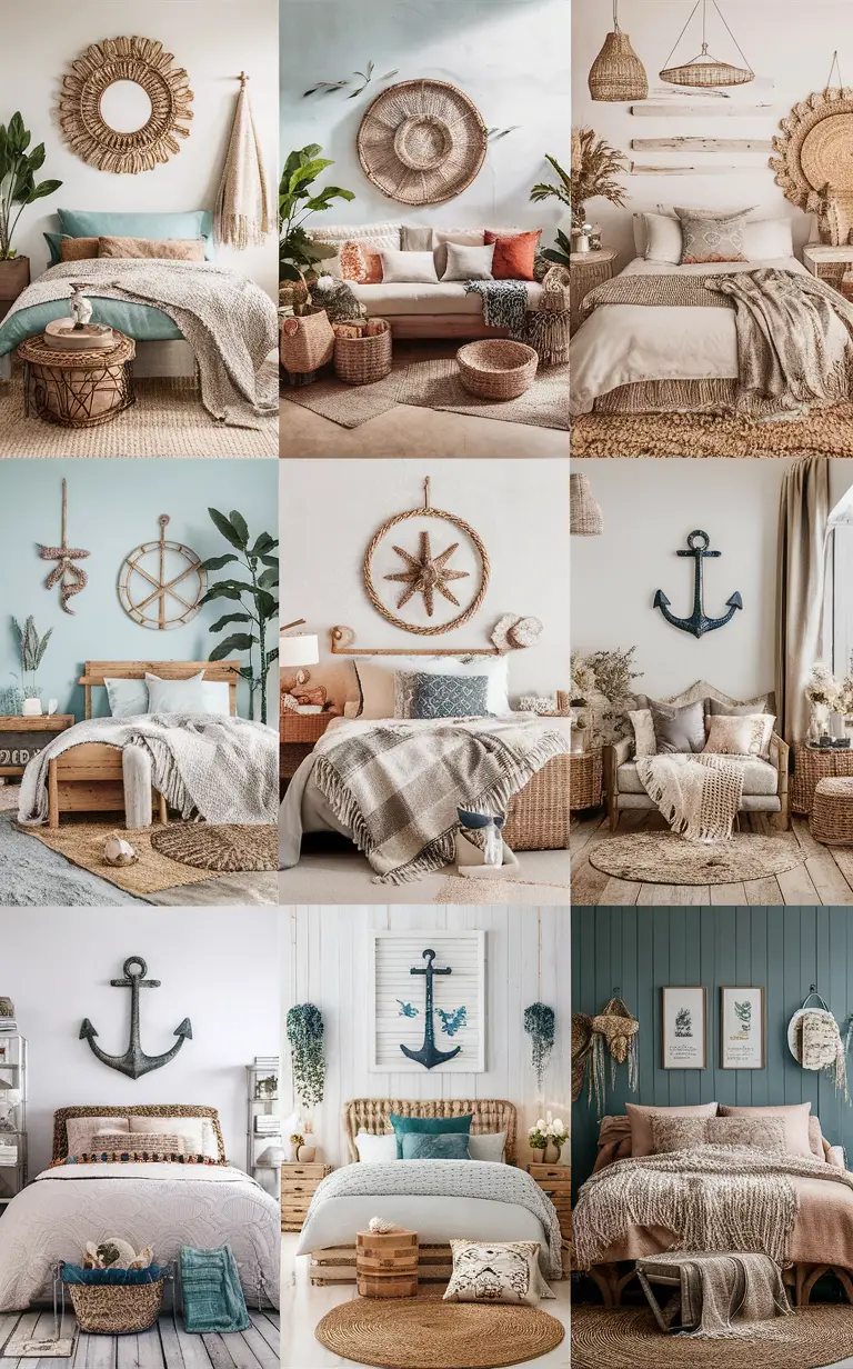 coastal bedroom decor, bohemian bedding, natural rattan furniture, beachy bedroom accessories, coastal wall art