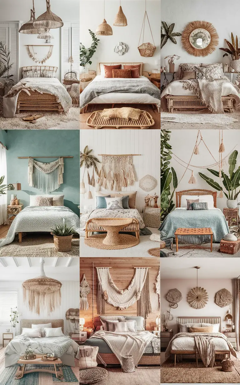 coastal boho bedroom decor, bohemian bedroom design, plant-filled bedroom ideas, beachy boho interior, tropical bedroom inspiration