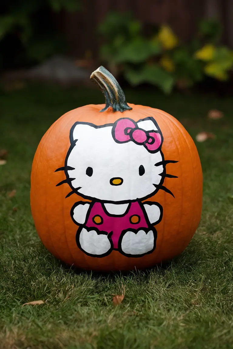 Hello Kitty pumpkin painting, Hello Kitty Halloween decor, Hello Kitty pumpkin ideas, Hello Kitty pumpkin designs, Hello Kitty Halloween crafts