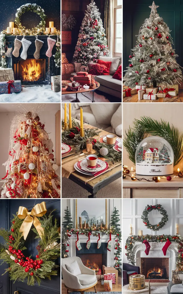 Christmas living room decor, festive home decorations, holiday interior design, cozy seasonal decor, winter lounge styling