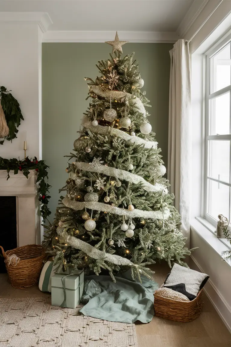 Stunning Christmas Tree Decor, Christmas Tree Decorating Ideas, Sage Green Christmas Tree Decorations, Holiday Tree Decorating Tips, Elegant Christmas Tree Ornaments