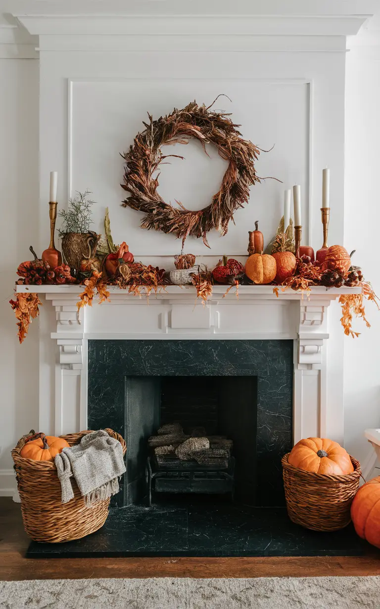 decorating ideas, fireplace decor, autumn decorations, seasonal mantel, cozy home decor