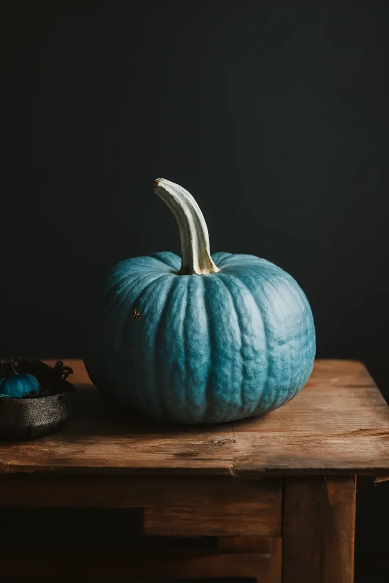 Blue pumpkin decor, pumpkin centerpiece, fall table decorations, elegant pumpkin display, unique pumpkin ideas