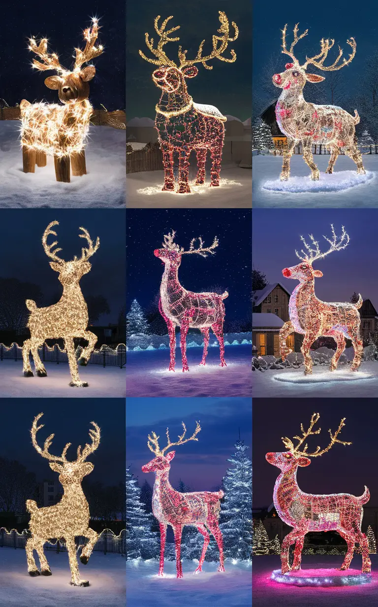 Christmas lighting, outdoor decorations, holiday lights, festive displays, illuminated reindeer