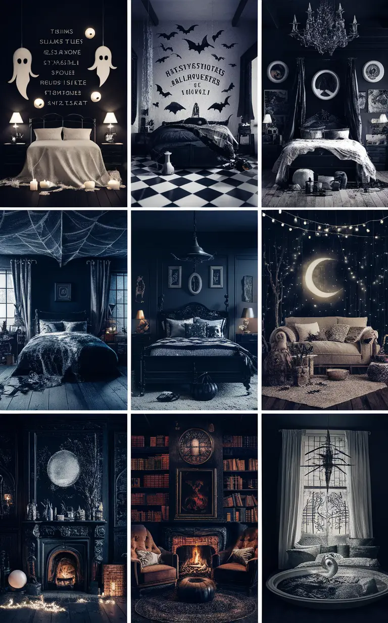 Halloween-themed black and white bedroom decor Black and white bedroom decorating ideas Chic black and white Halloween bedroom Monochrome Halloween bedroom inspiration Modern black and white bedroom design